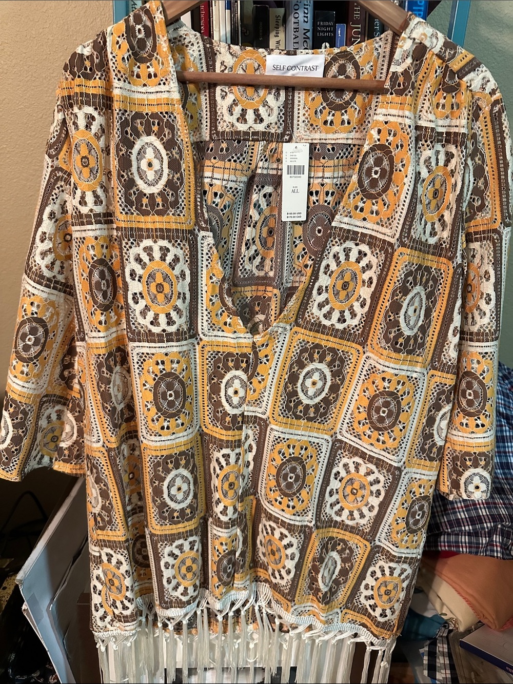 Self Contrast Women’s Brown & Yellow Patterned Lace Tunic Beach Cover Up
